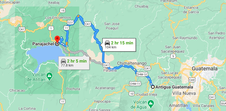 Illustration map showing how to get to Lake Atitlan from Guatemala City and Antigua