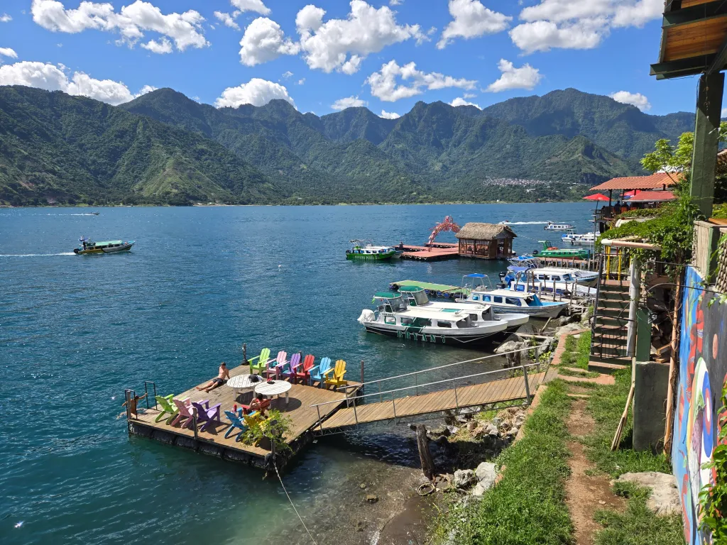 San Marcos dock with lanchas ready for passengers – Lake Atitlan transportation routes