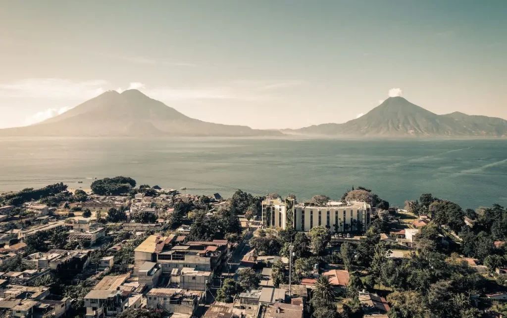 Panajachel town at Lake Atitlán with lakeside shops and boats