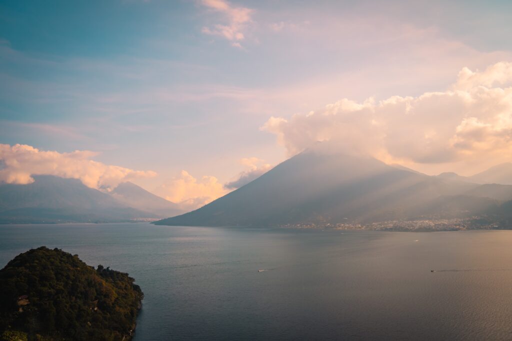 Clear blue skies during dry season at Lake Atitlán Guatemala