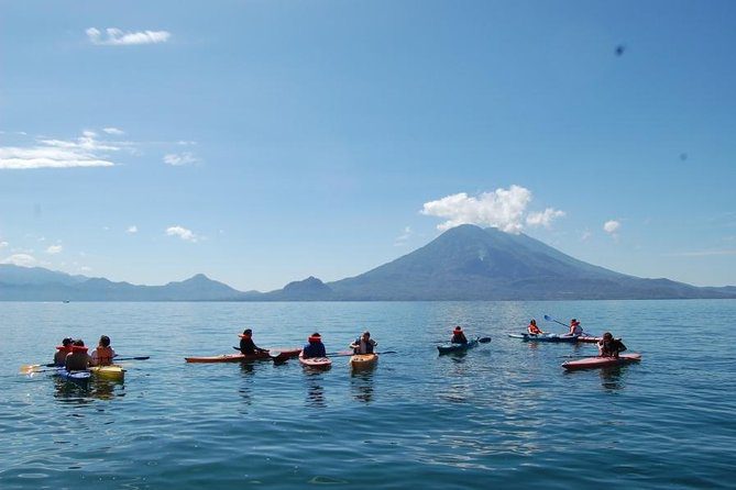 Full-day kayaking expedition across Lake Atitlán on a multi-day adventure trip