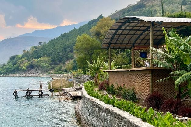 Lake panorama with volcanoes
