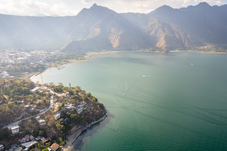 Panajachel Lake Atitlán view showing boats and tourist infrastructure